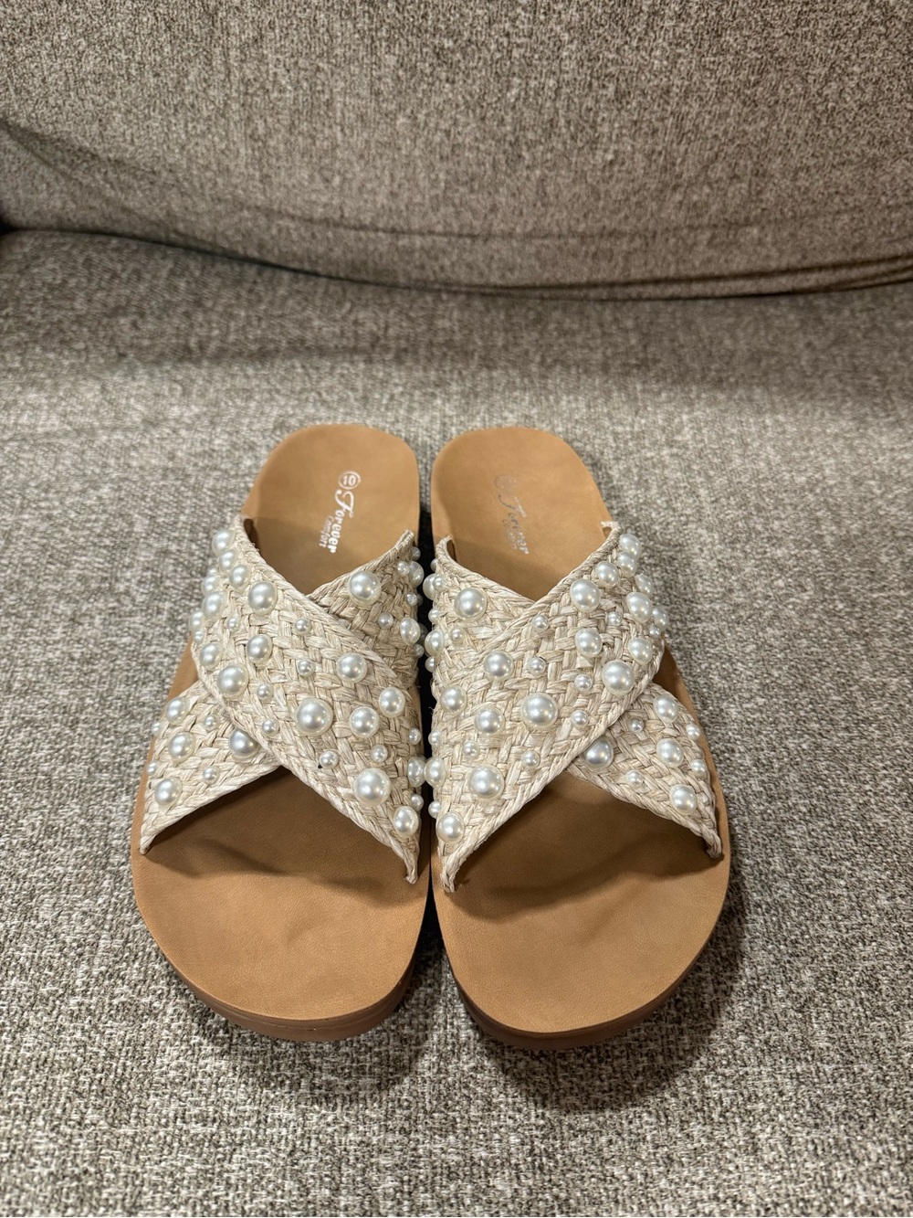 Pearl-Embellished Beige Woven Slide Sandals for Women